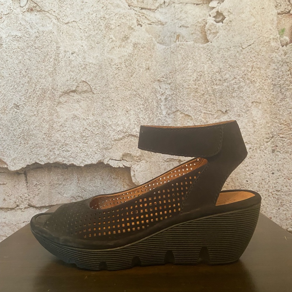 Clarks Black Suede Velcro Wedges